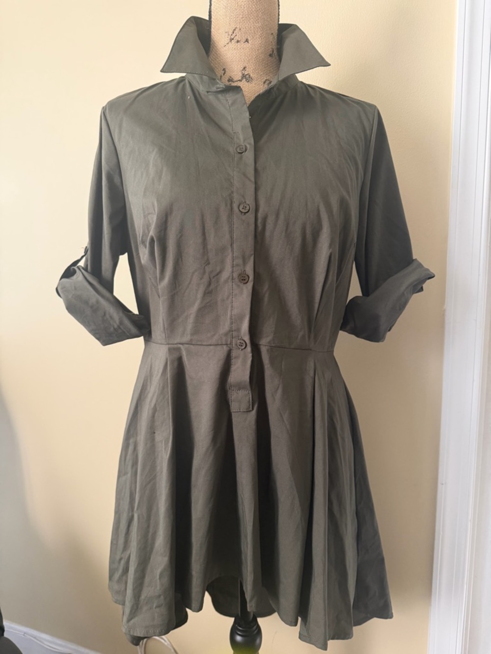 New York & Company Olive Green Shirt Dress with Button Detail